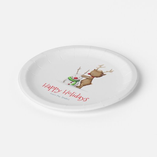 Niedliche Weihnachtsfamilie Rentier und Snowman Pappteller (Schrägansicht)