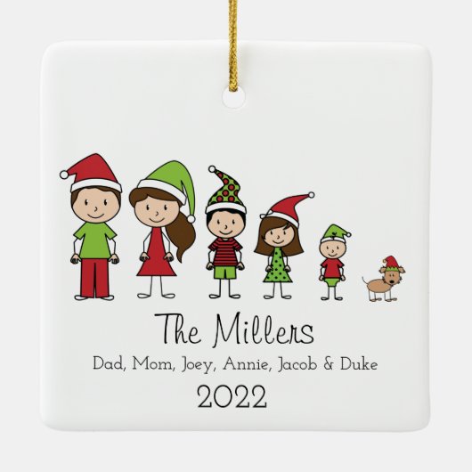 Niedliche Weihnachtsfamilie von 5 mit Hund Persona Keramikornament (Rückseite)