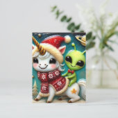 Niedliche Weihnachtsfeier Alien und Einhorn Postkarte (Stehend Vorderseite)