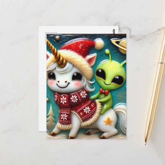 Niedliche Weihnachtsfeier Alien und Einhorn Postkarte (Vorderseite/Rückseite Beispiel)