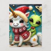 Niedliche Weihnachtsfeier Alien und Einhorn Postkarte (Vorderseite)