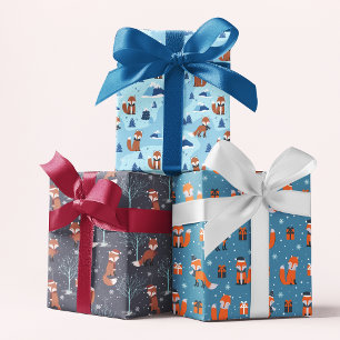 Niedliche Weihnachtsfox Winterschneemuster Geschenkpapier Set