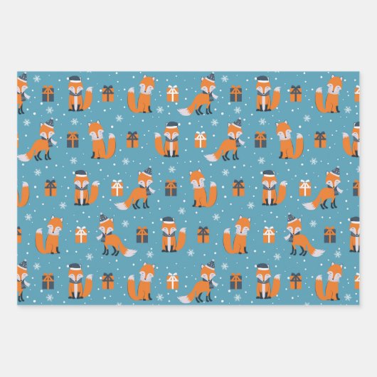 Niedliche Weihnachtsfox Winterschneemuster Geschenkpapier Set (Vorderseite)