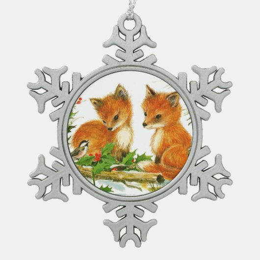 Niedliche Weihnachtsfoxen Schneeflocken Zinn-Ornament (Vorderseite)