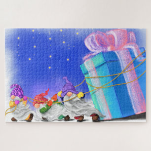 Niedliche Weihnachtsgnomen bringen ein tolles Gesc Puzzle
