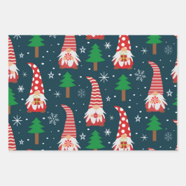Niedliche Weihnachtsgnomen mit Bäumen und Schneefl Geschenkpapier Set