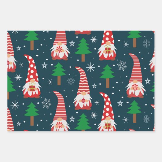 Niedliche Weihnachtsgnomen mit Bäumen und Schneefl Geschenkpapier Set (Vorderseite)