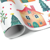 Niedliche Weihnachtshäuser Geschenkpapier (Rolleneckpunkt)