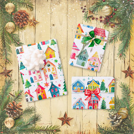 Niedliche Weihnachtshäuser Geschenkpapier Set