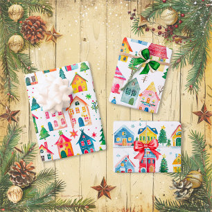 Niedliche Weihnachtshäuser Geschenkpapier Set
