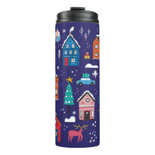 Niedliche Weihnachtshäuser mit Vintagen Illustrati Thermosbecher