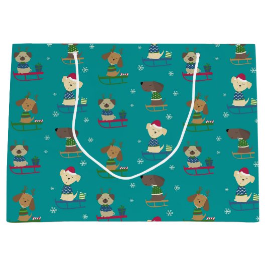 Niedliche Weihnachtshunde auf Sleds Pattern Große Geschenktüte (Vorderseite)