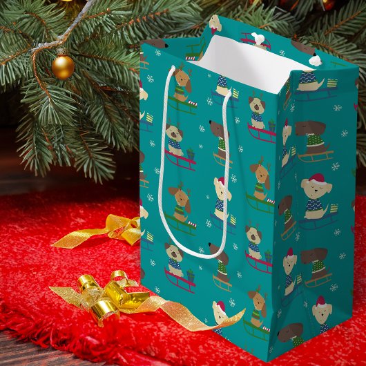 Niedliche Weihnachtshunde auf Sleds Pattern Mittlere Geschenktüte