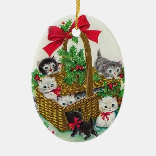Niedliche Weihnachtskätzchen in einem Korb Keramik Ornament (Vorne)