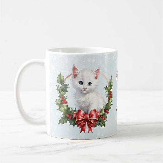 Niedliche Weihnachtskätzchen Schnee Blauer Name Ta Kaffeetasse (Links)