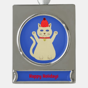 Niedliche Weihnachtskatze Custom Banner-Ornament Silber
