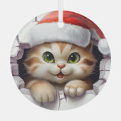 Niedliche Weihnachtskatze durch Wand illustriert Ornament Aus Glas (Vorderseite)