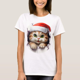 Niedliche Weihnachtskatze durch Wand illustriert T-Shirt
