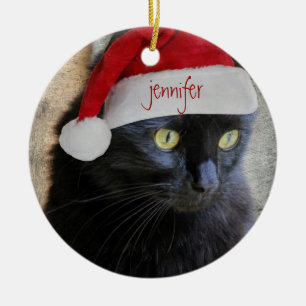 Niedliche Weihnachtskatze, grüne Rückseite, Keramikornament