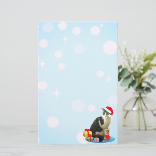 Niedliche Weihnachtskatze, helle orbs auf himmelbl Briefpapier (Stehend Vorderseite)