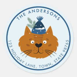Niedliche Weihnachtskatze in Blue Strick Hat anpas Runder Aufkleber