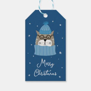 Niedliche Weihnachtskatze in Cosy Blue Stricks Geschenkanhänger