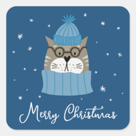 Niedliche Weihnachtskatze in gemütlichen Stricks S Quadratischer Aufkleber