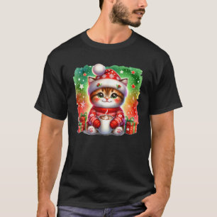 Niedliche Weihnachtskatze in Weihnachtsmannmütze m T-Shirt