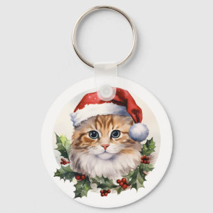 Niedliche Weihnachtskatze in Weihnachtsmannmütze Schlüsselanhänger