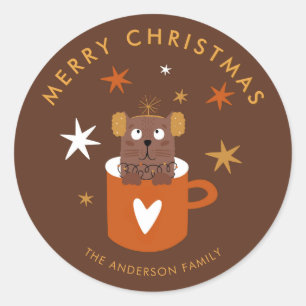 Niedliche Weihnachtskatze & Kakao-Tasse, kundenspe Runder Aufkleber