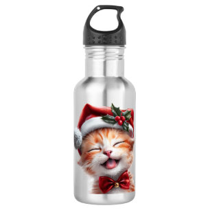 Niedliche Weihnachtskatze mit Weihnachtsmannmütze Edelstahlflasche