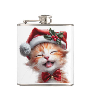 Niedliche Weihnachtskatze mit Weihnachtsmannmütze  Flachmann