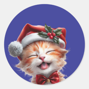 Niedliche Weihnachtskatze mit Weihnachtsmannmütze Runder Aufkleber