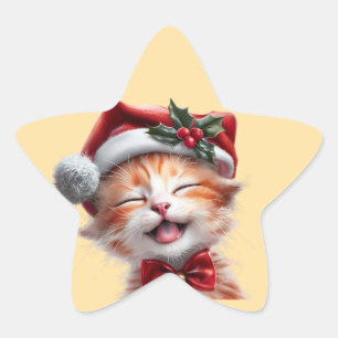 Niedliche Weihnachtskatze mit Weihnachtsmannmütze  Stern-Aufkleber