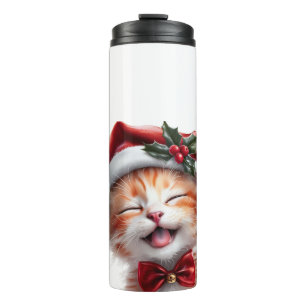 Niedliche Weihnachtskatze mit Weihnachtsmannmütze Thermosbecher