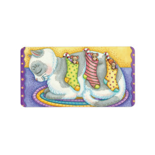 Niedliche Weihnachtskatze Schlafen mit Mäusen in S Adressaufkleber