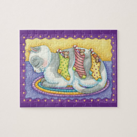 Niedliche Weihnachtskatze Schlafen mit Mäusen in S Puzzle (Horizontal)