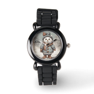Niedliche Weihnachtskatze Snowman Watercolor Whims Armbanduhr