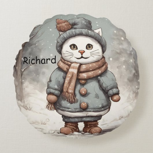 Niedliche Weihnachtskatze Snowman Watercolor Whims Rundes Kissen (Vorderseite)