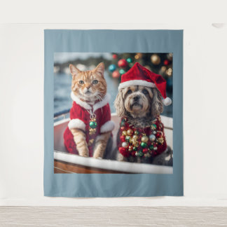Niedliche Weihnachtskatze und Hundesegeln Vintag Wandteppich