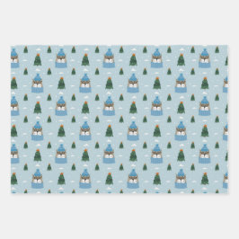 Niedliche Weihnachtskatzen im Winter Strick Blau Geschenkpapier Set