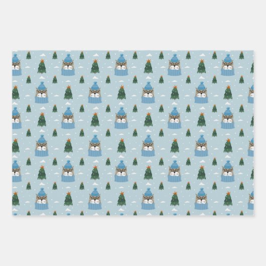 Niedliche Weihnachtskatzen im Winter Strick Blau Geschenkpapier Set (Vorderseite)