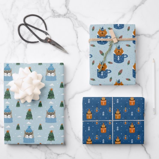 Niedliche Weihnachtskatzen im Winter Strick Blau Geschenkpapier Set (Vorderseite)