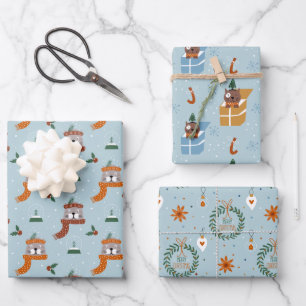Niedliche Weihnachtskatzen im Winter Strick Light Geschenkpapier Set