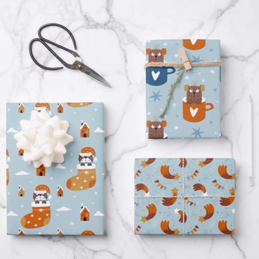 Niedliche Weihnachtskatzen im Winter Strick Light  Geschenkpapier Set (Vorderseite)