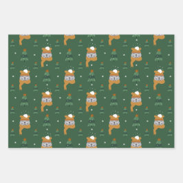 Niedliche Weihnachtskatzen im Winter Stricks Grün  Geschenkpapier Set