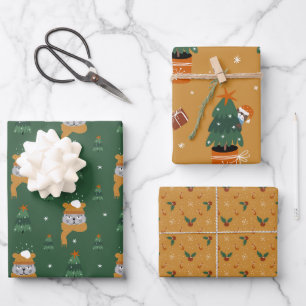 Niedliche Weihnachtskatzen im Winter Stricks Grün  Geschenkpapier Set