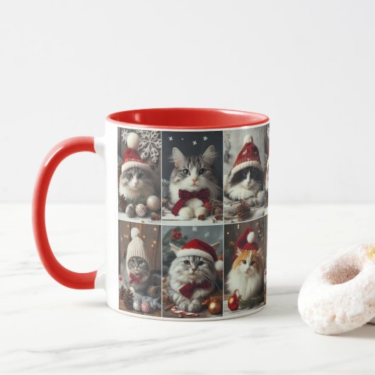 Niedliche Weihnachtskatzen Wintertiere Rustikal Tasse (Mit Donut)