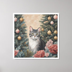 Niedliche Weihnachtskatzenjammer Blume und Bäume Leinwanddruck