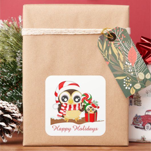 Niedliche Weihnachtskauz hinzufügen Quadratischer Aufkleber (Feiertag)
